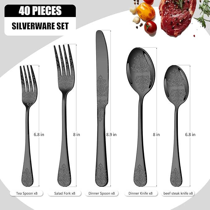 40 Pcs Black Silverware Set for 8 with Classical Flower Embossed Design, Food Grade Stainless Steel Flatware Set, Eating Utensils Sets Include Fork/Knife/Spoon, Cutlery Set, Dishwasher Safe