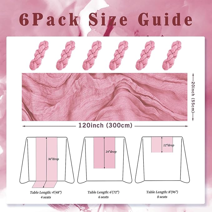 6 Pack Dusty Rose 10FT Cheesecloth Table Runner 20 x 120 Inch Long Rustic Gauze Fabric Cheese Cloth Table Runner for Wedding Bridal Baby Shower Table Decorations Boho Sheer Birthday Party Table Decor