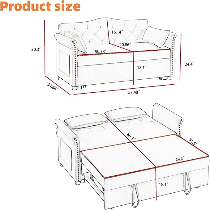 57-Inch Velvet Full Size Sleeper Sofa Couch with Pullout Bed,Convertible Pull Out with Golden Decorative Strip and Adjustable Backrest for Small Spaces,Apartment, Guest Room, RV (Black)