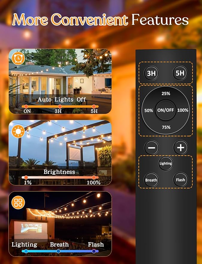 150 FT Outdoor String Lights for Outside – LED Patio Lights Waterproof with Dimmer Remote – Hanging Lights Shatterproof ST38 Vintage Edison Bulbs Porch Backyard Cafe Bistro