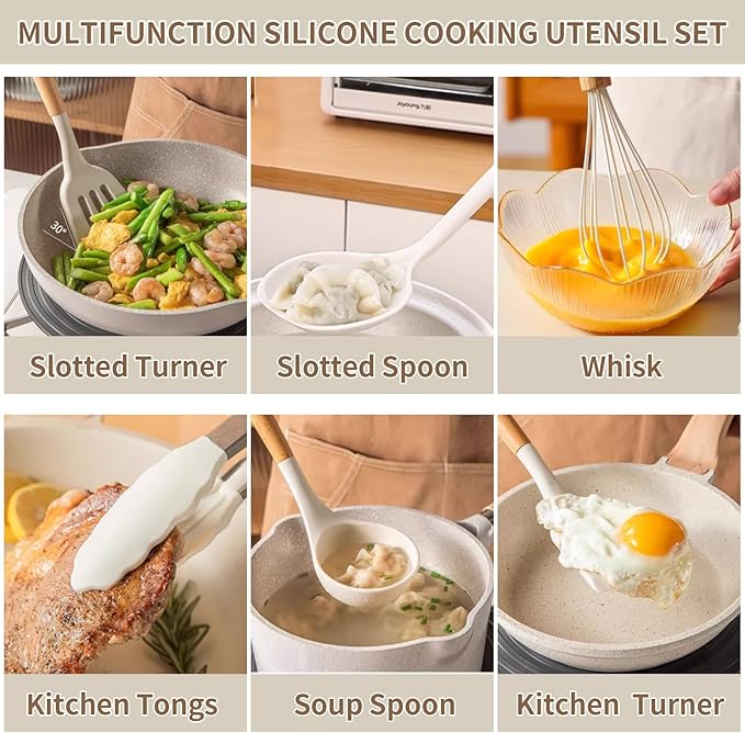 13-Piece silicone utensil set wood handle nonstick cookware safe dishwasher safe kitchen tools BPA free heat resistant (450°F/230°C) ceramic pan safe cooking gifts housewarming (White)