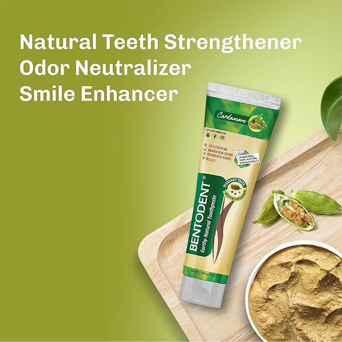 BENTODENT Fluoride Free Remineralizing Calcium Bentonite Clay Toothpaste - Cardamom Flavor Natural Toothpaste, Mint-Free, 3.52 oz - Mineral Tooth Paste Ideal for Sensitive Teeth & Whitening