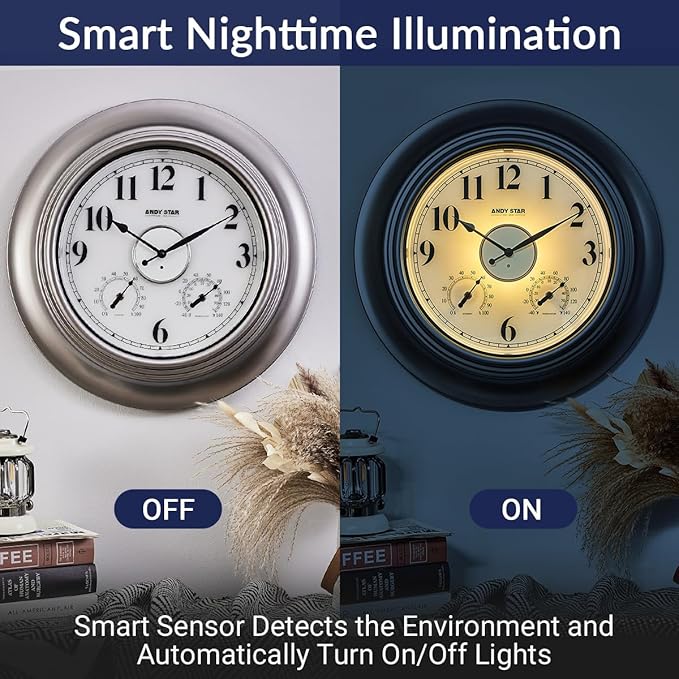 Andy Star 21 Inch Silver Illuminated Outdoor Wall Clock Waterproof with Thermometer and Hygrometer, Oversized Battery Operated Round Wall Clock, Big Silent Non Ticking Clock for Patio Pool Garden