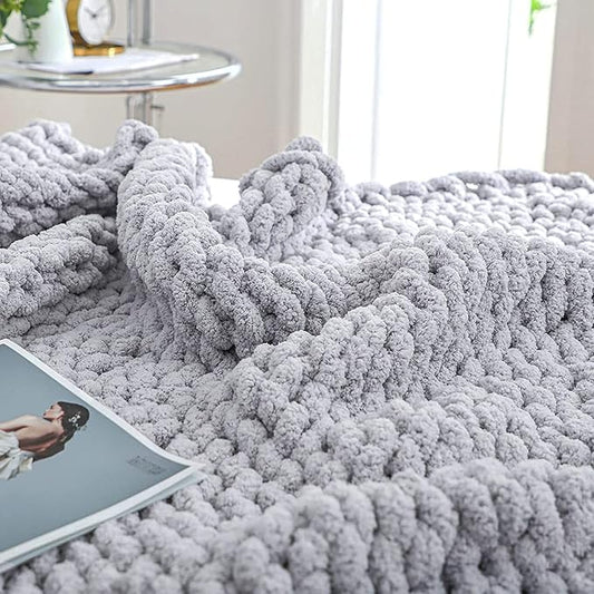 Bigacogo Chunky Knit Throw Blanket for Couch, 40x60 inches, 100% Hand Knitted with Thick Jumbo Chenille Yarn, Cozy Soft Large Rope Knot Cable Crochet Blankets for Sofa Bed Living Room, Light Grey