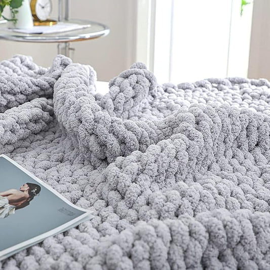Bigacogo Chunky Knit Throw Blanket for Couch, 80x90 inches, 100% Hand Knitted with Thick Jumbo Chenille Yarn, Cozy Soft Large Rope Knot Cable Crochet Blankets for Sofa Bed Living Room, Light Grey