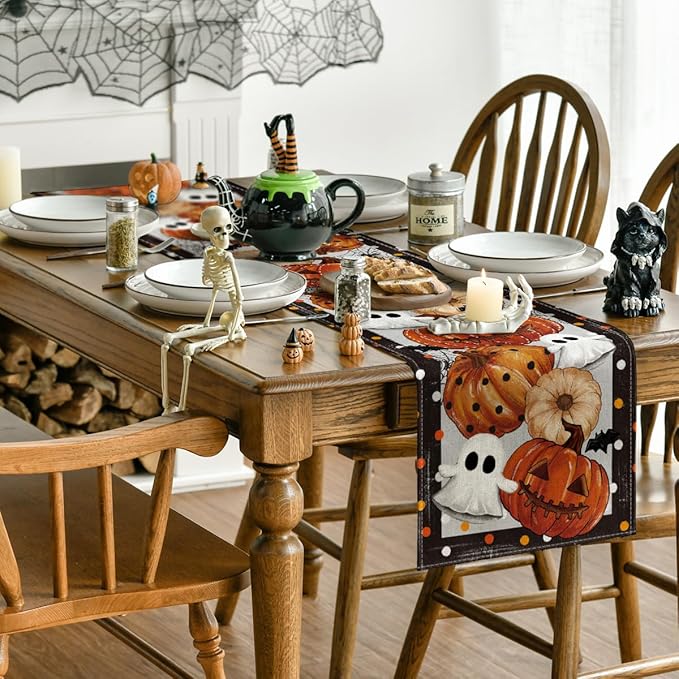 Artoid Mode Jack-O'-Lantern Pumpkin Ghost Spider Web Halloween Table Runner,Holiday Kitchen Dining Table Decoration for Home Party Decor 13 x 72 Inch