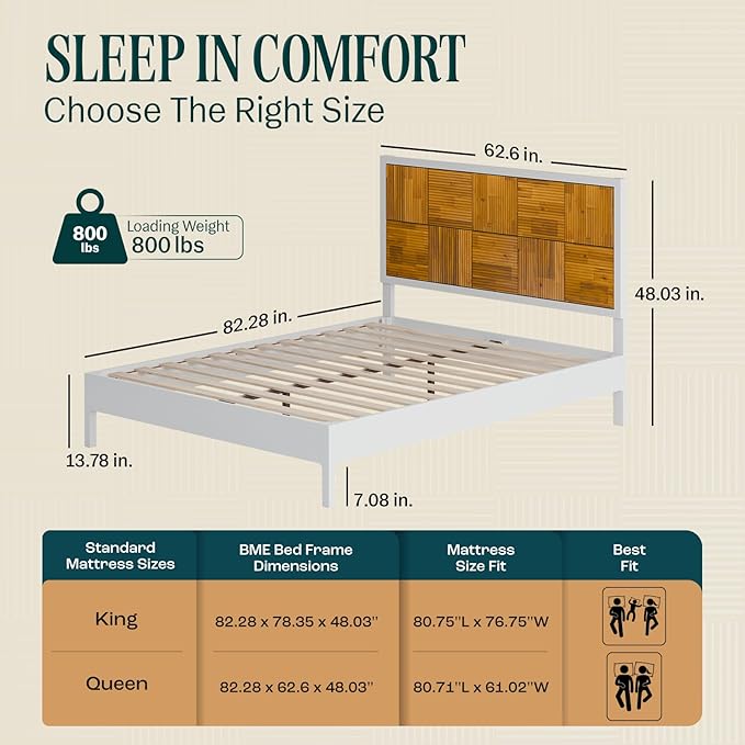Bme Madia Bed Frame, Mid Century Queen Bed Frame and Headboard with Unique & Trendy Fluted Pattern, 800lbs Capacity Platform Bed Frame, Solid Acacia Wood Slat Support, Easy Assembly White Bed Frame