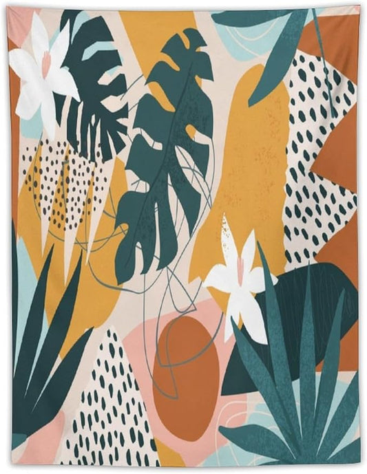 Abstract Bohemian Mid Century Tapestry, Tropical Leaves Modern Geometric Archway Minimalist Bohemian Botanical Aesthetic Wall Hanging, Sage Green Gold Home Decor Art for Bedroom 40x60 Inch