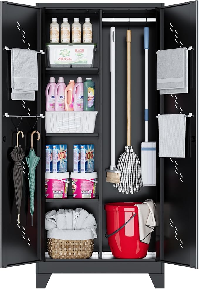 71'' Metal Storage Cabinet with Doors, Multifunctional Bathroom/Garage Lockable Steel Cabinet, Broom Closet Storage with Hanging Rod (Style-1)