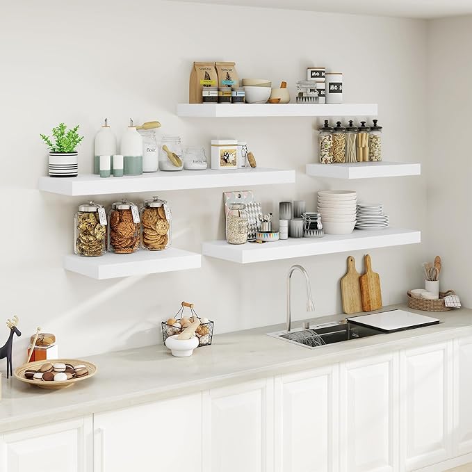 Heimlove 12" Deep White Floating Shelves for Wall, 24 Inch Wall Shelf Bathroom Shelves Set of 1, Wall Mounted Shelves for Books Living Room Laundry Room Bedroom Kitchen Home Office