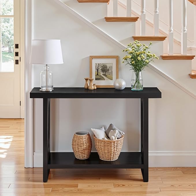 BECHAEO 47-Inch Modern Narrow Console Tables with Solid Wood Veneer - 2’’ Thickened Tabletop, 2-Tier Slim Sofa Table Behind Couch, Rectangle Entryway Table for Hallway Living Room, Black Oak
