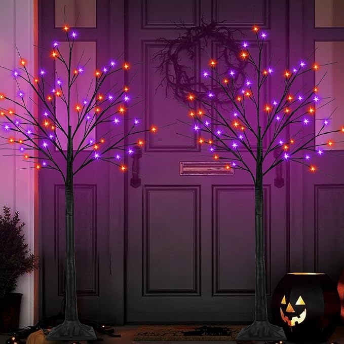 2Pack 5FT 200LED Black Halloween Tree Lights, Timer Function Lighted Black Trees with Purple and Orange Lights, Spooky Trees Light for Indoor Outdoor Halloween Decorations
