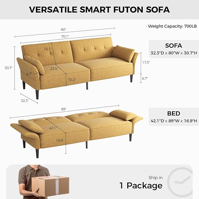 89” Futon Sofa Bed, Linen Comfy Futon Couch Bed with 2 Square Pillows, Convertible Sleeper Sofa with Adjustable Backrest& Armrests, Modern Loveseat Sleeper for Living Room, Bedroom, Yellow