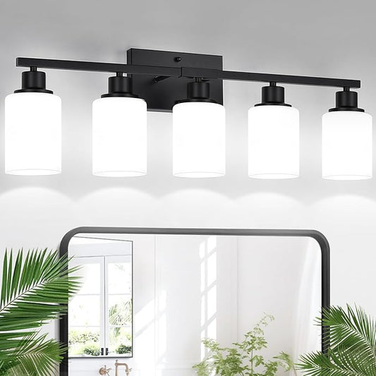 5-Light Black Bathroom Vanity Light Fixture with Milky White Frosted Glass Shades, Bathroom Light Fixture for Mirror, Matte Finish, Reversible Up/Down Lighting for Bedroom, Living Room, Hallway