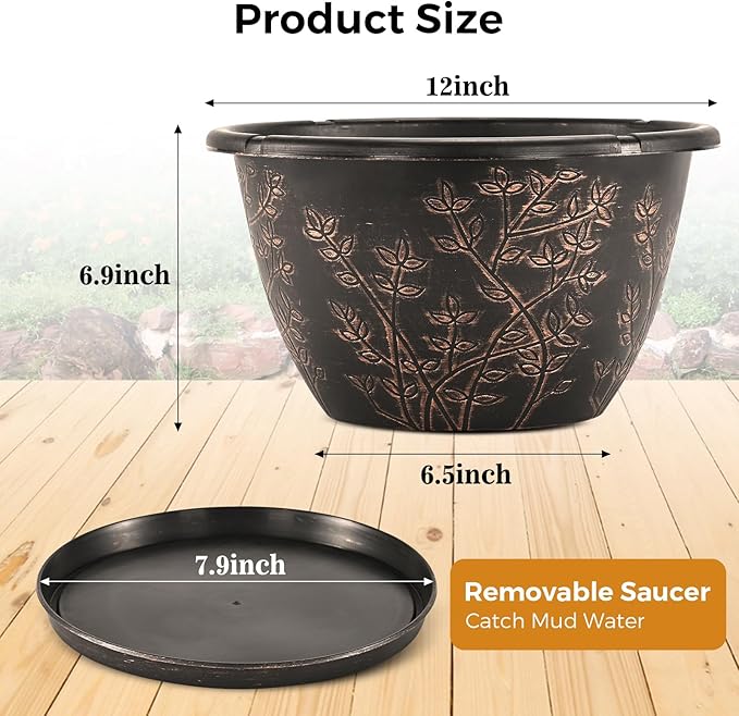 12-inch-Flower-Pots-Outdoor-Indoor, 4 Pack Plastic Planter Pots for Plant with Drainage Hole Saucer, Decorative Resin Garden Container with Tray