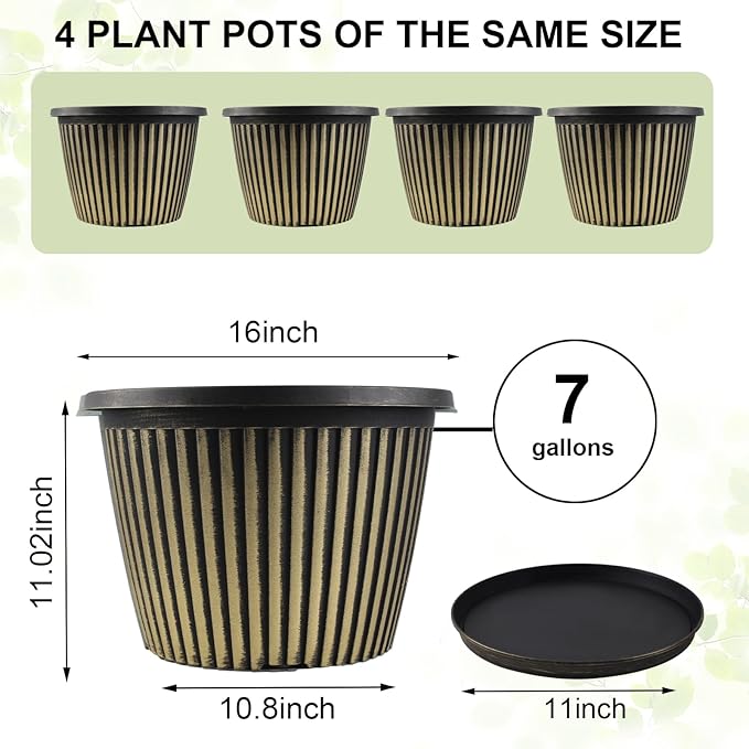 16 inch Large Planter Indoor Outdoor Plant Pots, 4 Pack Plastic Flower Pots with Saucer And Drainage Holes, Modern Garden Planters For Planting Medium Large Plants, Decorative Resin Garden Pots