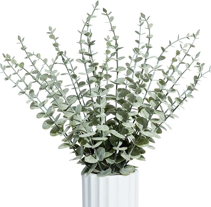24Pcs Faux Eucalyptus Stems, 15" Artificial Eucalyptus Plants with White Frosted Coating, Fake Eucalyptus Decor Plastic Greenery Leaves for Wedding Bouquets Home Decor DIY Floral Arrangements
