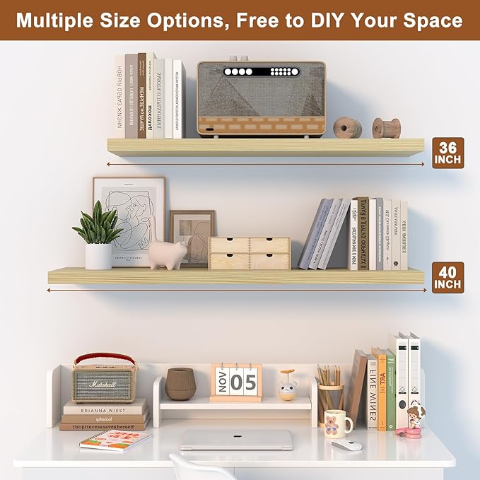 40 Inch Floating Shelf 2 Pack Large Floating Shelves for Wall No Drilling Accessories Included Deep Wall Shelves for Living Room Kitchen Farmhouse 40" W x 12" D x 1.2" Oak