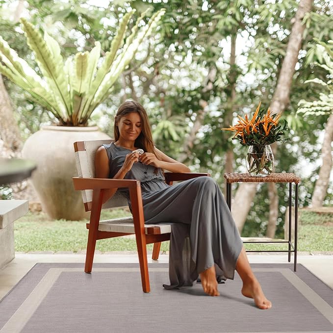 CAMILSON Outdoor Rug 6x9,Modern Outside Rugs for Patios Porches Waterproof Durable Washable Non-Shedding, Easy-to-Clean Indoor Outdoor Area Carpet (6 x 9, Bordered - Gray/White)