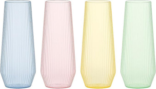 48 Pack Ribbed Ripple Stemless Toasting Glasses, Origami Durable 9 Oz BPA-Free Disposable Plastic Champagne Flutes for Weddings, Bars, Events, and Celebrations (48, Ribbed Color Collection)