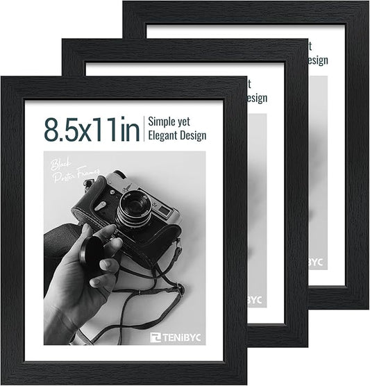 8.5x11 Picture Frame Set of 3 - Black Woodgrain, Solid Wood & HD Tempered Glass, Table Display or Wall Hanging