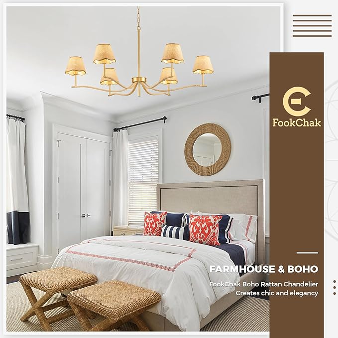 6 Light Boho Rattan Chandelier 44'' Brass Gold Chandelier Light Fixture Hand Woven Dining Room Chandeliers for Entryway Bedroom Living Room Bathroom