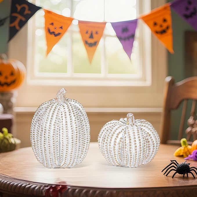 2Pcs Halloween Pumpkin Artificial Resin Pumpkins Decor for Mantel Harvest Autumn Tabletop Decoration Gold Fall Pumpkin Decorations Thanksgiving Table Centerpieces (Set A, ONE Size)