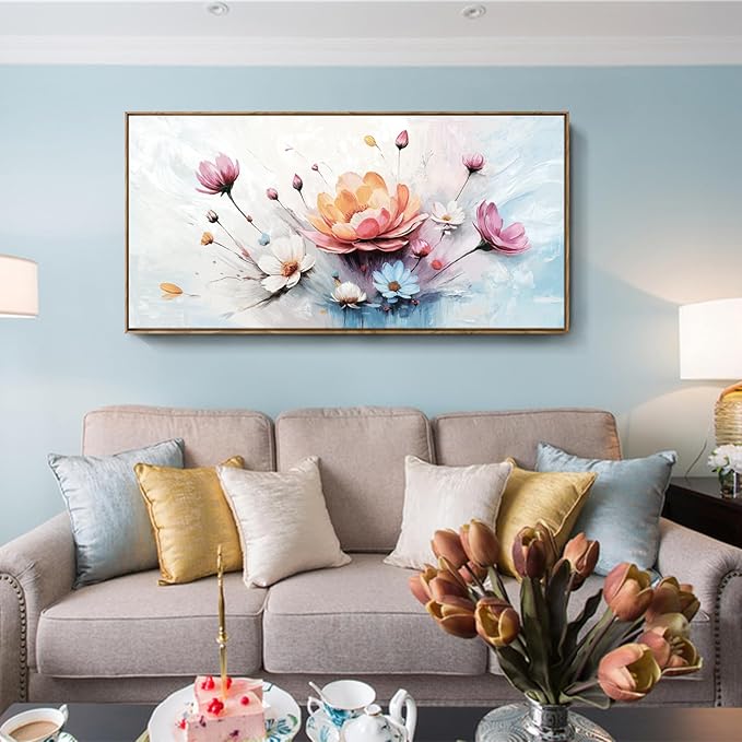 amatop Framed Floral Canvas Wall Art Picture Large Pink Blue Abstract Bloom Bouquet Print with Daisy Peony Elegant Botanical Nature Artwork for Living Room Bedroom Dining Room Entryway Decor 48x24 inch