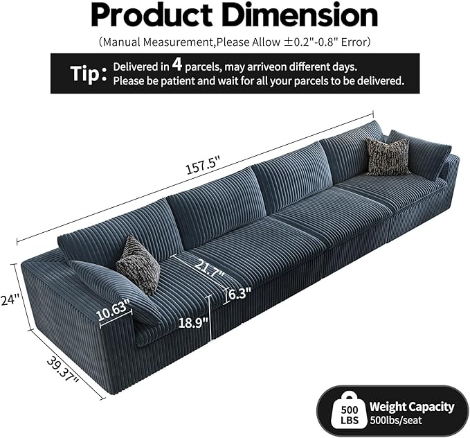 157.5" Cloud Couch Modular Sectional Sofa for Living Room,Modern Sofa with Deep Seat，4 Seater Boneless Couch,Comfy Upholstered Corduroy Couches for Apartment, Studio, Office,Bedroom，Blue
