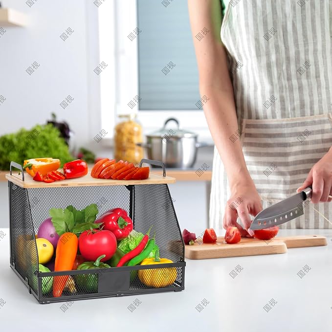 2 Tier Stackable Hanging fruit basket for kitchen counter,hanging Wall baskets with Bamboo Tops & Tag,Wire basket for Cabinet Shelf Countertop Pantry Organizer Bins, onion potato Vegs Bread Organizing