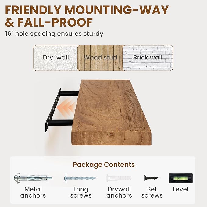 72" Floating Shelves for Wall, Rustic Elm Wood Floating Shelf for Home Decor, Wall-Mounted Display Shelves with Heavy-Duty Bracket, Long Floating Shelf for Bathroom, Kitchen, Natural Color