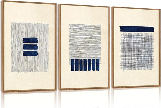 Aurlan Boho Christian Line Art Framed Wall Decor(16"x24"), 3PCS Minimalist Jesus Leavs the 99 Sheep Lamb Bible Story Canvas Artwork, Neutral Abstract Beige Navy Blue Religious Painting for Bedroom Living Room