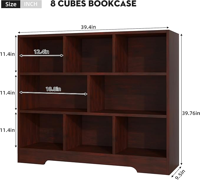 Book Shelf, 8 Cubes Storage Organizer, 3-Tier Open Shelf Wooden Bookcase, Freestanding Cherry Bookshelf Cube Shelf for Bedroom, Living Room, Home Office