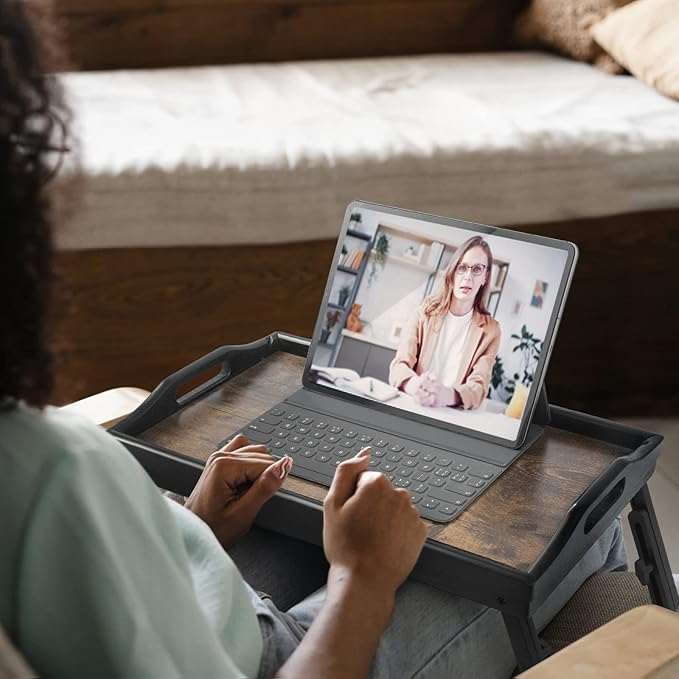 2 Pack Bed Tray Table Breakfast Trays Serving Tray Adjustable Height for Eating Bamboo Bed Laptap Floding Legs with Handles and Phone Holders