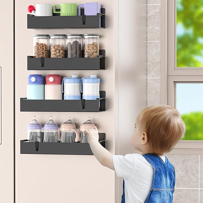 4 Pack Magnetic Spice Rack Organizer for Refrigerator and Oven, Matt Black Fridge Organizers and Storage for Kitchen