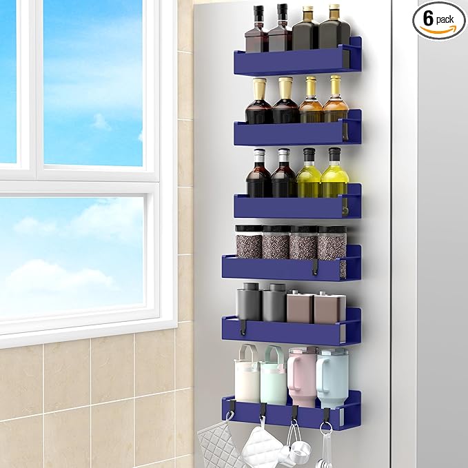 6 Pack Magnetic Spice Rack Organizer for Refrigerator and Oven, Dark Blue Fridge Organizers and Storage for Kitchen