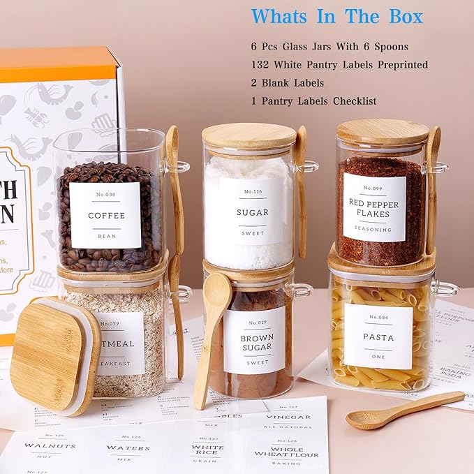 6 Pack Glass Jars with Bamboo Lid and Spoons - 17Oz/27Oz Borosilicate Glass Jars with 132 Pantry Labels - for Coffee Beans, Tea, Sugar & More