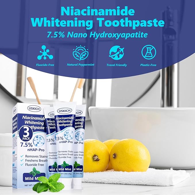 3 Pack Whitening Toothpaste,Fresh Breath Nano Hydroxyapatite Toothpaste for Remineralizing Enamel & Sensitive Relief,Whitening,Antiplaque,Natural Peppermint,Fluoride-Free