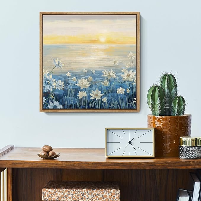 Bathroom Decor Wall Art-Framed Canvas Wall Art Modern Beach Coastal Floral Sunset Boho Ocean Artwork Blue Yellow Lotus Flower Zen Wall Picture for Bedroom Kitchen Office Small