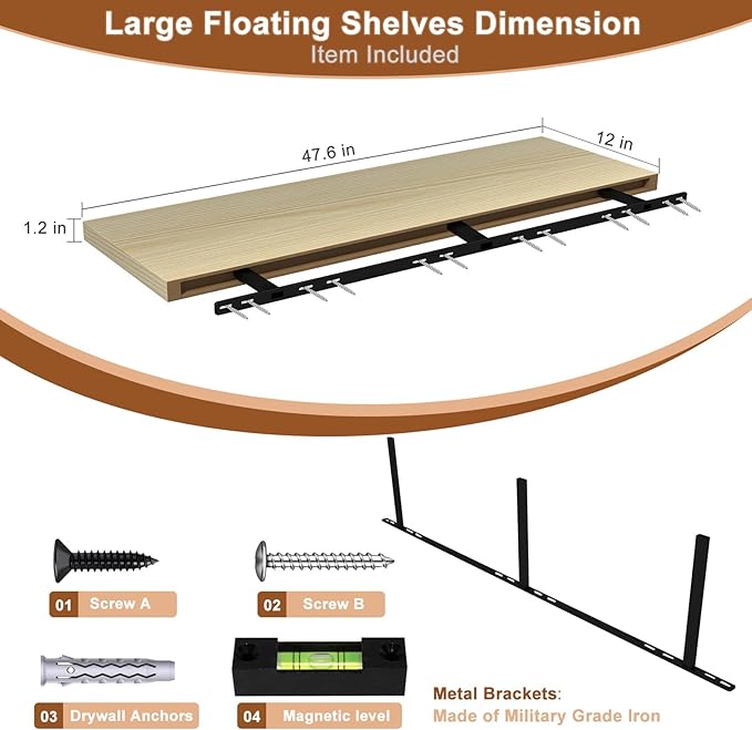 48 Inch Floating Shelf 1 Pack Large Floating Shelves for Wall No Drilling Accessories Included Deep Wall Shelves for Living Room Kitchen Farmhouse 48" W x 12" D x 1.2" Oak
