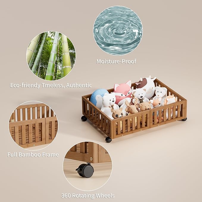 Bamboo Under Bed Storage with Wheels (2-Pack) – Rolling Underbed Shoe Organizer Box for Shoes, Blankets, Toys, Clothes Container Space-Saving Organizer Bins for Bedroom, Closet, Dorm, Nursery