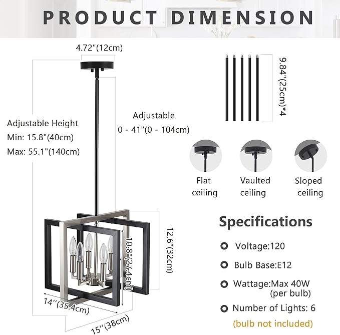 ANKYLHUA Black Nickel Chandelier,6-Lights Ceiling Light Fixture E12,Adjustable Hight Pendant Lights Kitchen Island,Chandeliers for Dining Room Bedroom,Entryway,Foyer