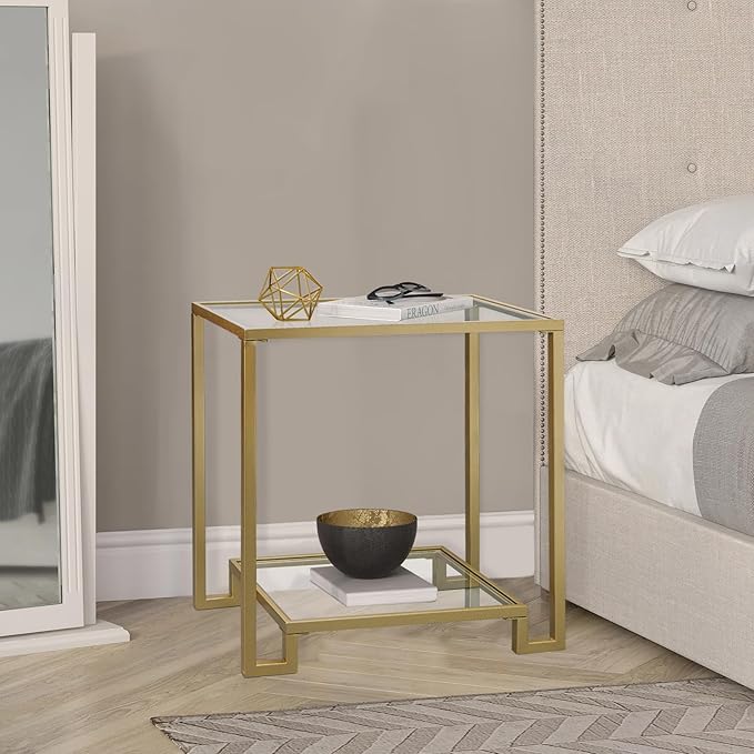 2 Tier Rectangular Side Table, Gold End Table with Glass Top, Modern Metal Clear Coffee Table，Small Accent Table for Living Room, Bedroom, 22" x 12.4" x 24"