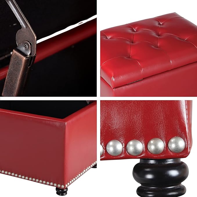 24'' Leather Storage Ottoman Rectangular Foot Rest Stool with Nailhead Trim for Bedroom Living Room(Red)