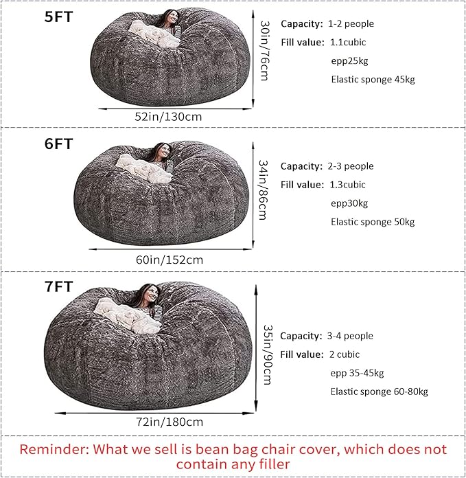Big Huge Giant Bean Bag Chair for Adults, (No Filler) Bean Bag Chairs in Multiple Sizes and Colors Giant Foam-Filling Required- Machine Washable Covers, Double Stitched Seams (Dark Gray,5FT)