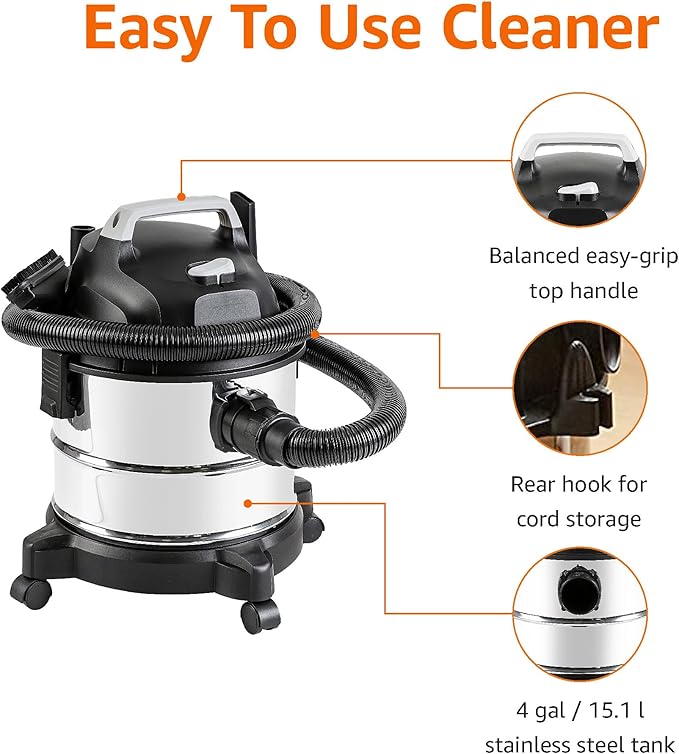 Amazon Basics Wet Dry Vacuum Cleaner, 4 gallon Shop, 3 HP Stainless Steel, Grey/Black