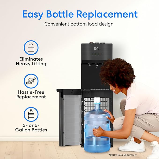 Brio Self Cleaning Bottom Loading Water Cooler Water Dispenser – Black Stainless Steel - 3 Temperature Settings - Hot, Room & Cold Water
