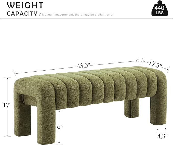 43.3" Bedroom Bench, Upholstered Entryway Bench, Modern End of Bed Ottoman with Solid Wood Legs and Adjustable Foot Pegs for Entryway, Dining Room and Living Room (Green Boucle)