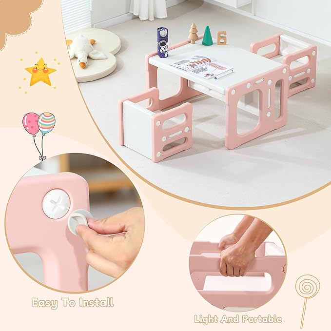 3 in 1 Montessori Weaning Table and 2 Chairs Set, Kids Desk and Chair Set, 2 Height Levels, Toddlers Activity Table for Drawing, Dining, Reading and Playing, Pink