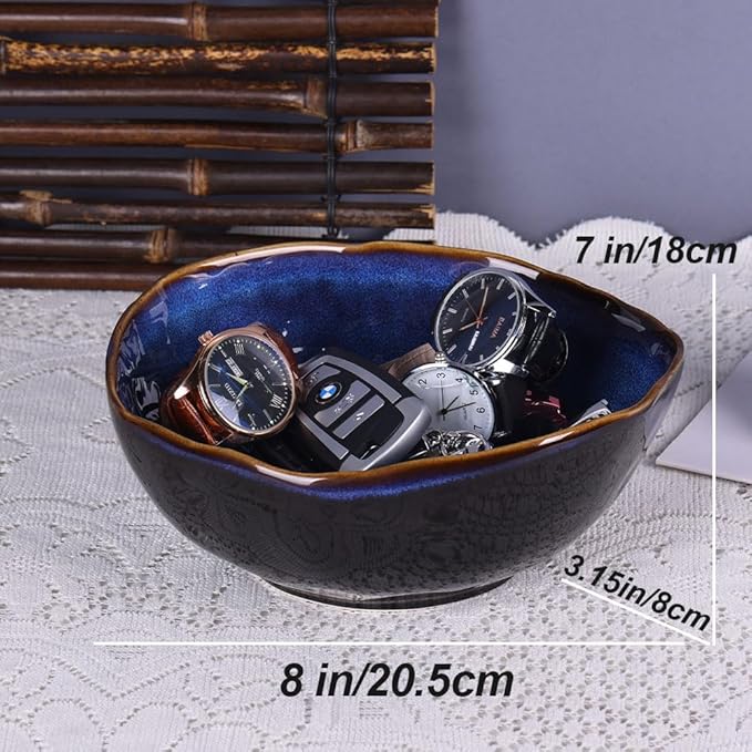Blue Ceramic Decorative Pottery Key Bowl, Candy Dish, Salad Bowl, Small Jewelry Trinket Dish for Bedroom, Centerpiece, Bedside Table, Living Room Decor (8 inch)